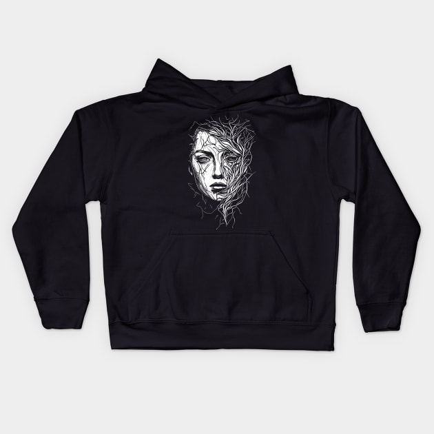 black and white graphic of female head with vines Kids Hoodie by Creatiful
